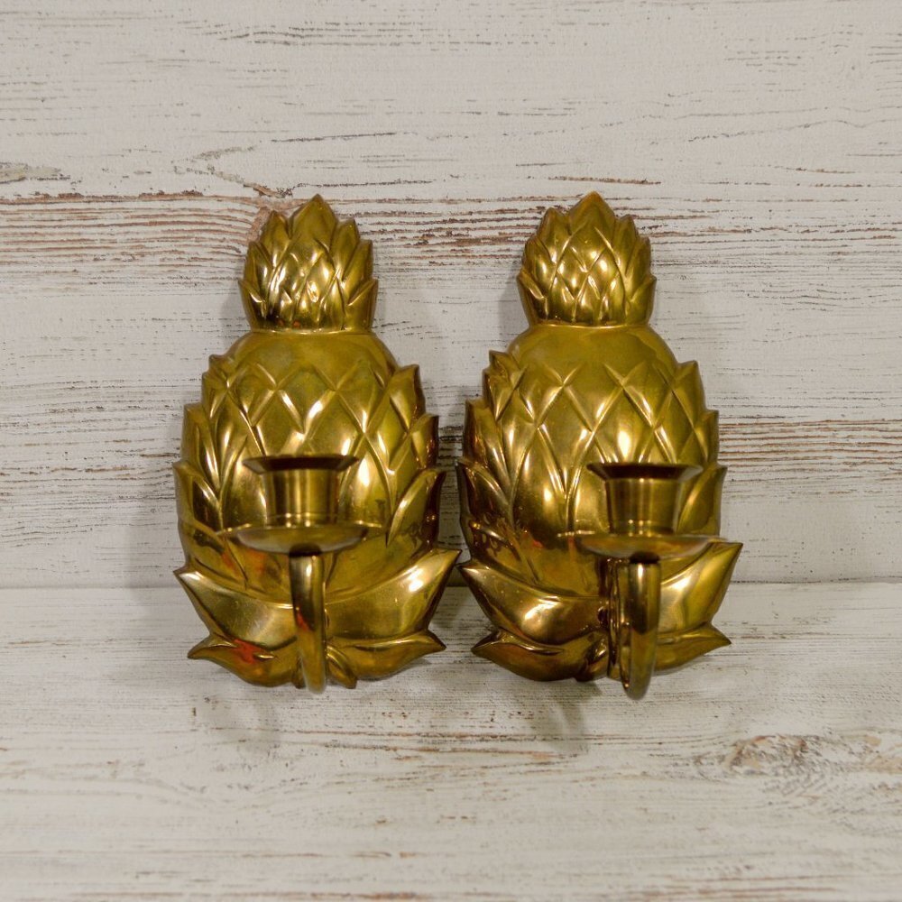 Pair of Heavy Brass Pineapple Candle Holders Wall Hanging